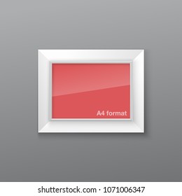 Realistic Rectangular White Blank Picture Frame A3, A4 sizes, hanging on a White Wall from the Front. Vector illustration Empty Frame with Shiny Glass. Design Template for Mock Up.