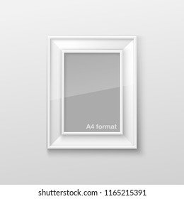Realistic Rectangular White Blank Picture Frame A3, A4 sizes, hanging on a White Wall from the Front. Vector illustration Empty Frame with Shiny Glass. Design Template for Mock Up.