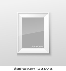 Realistic Rectangular White Blank Picture Frame A3, A4 sizes, hanging on a White Wall from the Front. Vector illustration Empty Frame with Shiny Glass. Design Template for Mock Up.