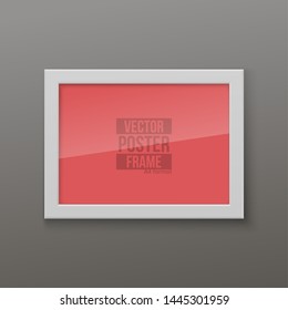 Realistic Rectangular White Blank Picture Frame A3, A4 sizes, hanging on a White Wall from the Front. Vector illustration Empty Frame with Shiny Glass. Design Template for Mock Up.