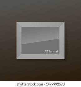 Realistic Rectangular White Blank Picture Frame A3, A4 sizes, hanging on a White Wall from the Front. Vector illustration Empty Frame with Shiny Glass. Design Template for Mock Up.