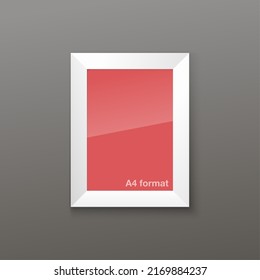 Realistic Rectangular White Blank Picture Frame A3, A4 sizes, hanging on a White Wall from the Front. Vector illustration Empty Frame with Shiny Glass. Design Template for Mock Up.