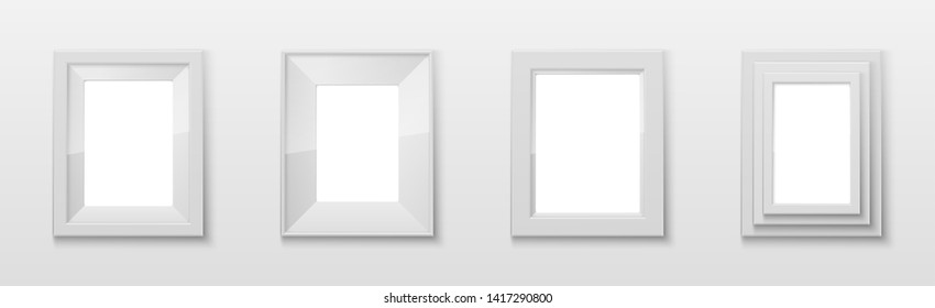 Realistic Rectangular White Color Blank Picture Frame A3, A4 sizes, hanging on a White Wall from the Front. illustration set Empty Frame with Shiny Glass. Design Template for Mock Up Set