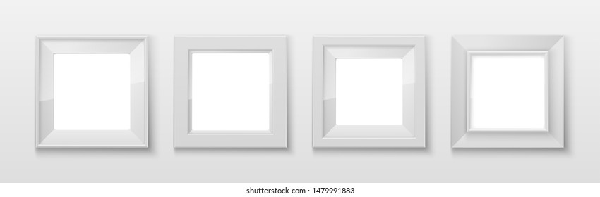 Realistic Rectangular White Color Blank Picture Frame A3, A4 sizes, hanging on a White Wall from the Front. illustration set Empty Frame with Shiny Glass. Design Template for Mock Up Set