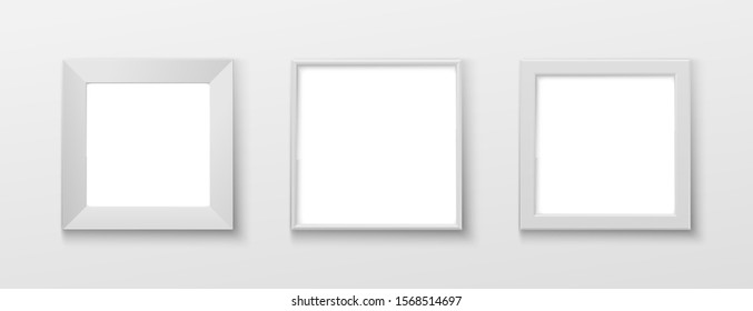 Realistic Rectangular White Color Blank Picture Frame A3, A4 sizes, hanging on a White Wall from the Front. illustration set Empty Frame with Shiny Glass. Design Template for Mock Up Set