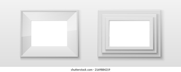 Realistic Rectangular White Color Blank Picture Frame A3, A4 sizes, hanging on a White Wall from the Front. illustration set Empty Frame with Shiny Glass. Design Template for Mock Up Set