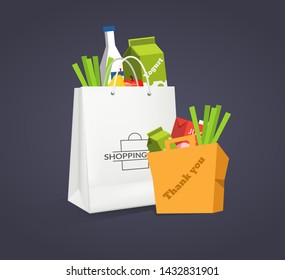 Realistic rectangular white paper shopping bag. Corporate blank packaging, shopping bag with products. Shopping in the store, organic food vector illustration