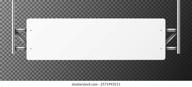 Realistic rectangular white road sign hanging on metal poles. Blank highway board with place for text or information. Directional wayfinder, signpost symbol. Vector illustration