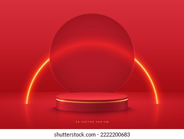 Realistic red 3D background, Cylinder pedestal podium with golden curve neon lighting line. Vector abstract geometric forms. Minimal scene mockup products stage showcase, Christmas promotion display.