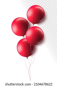 Realistic red 3d balloons isolated on transparent background. Air balloons for Birthday parties, celebrate anniversary, weddings festive season decorations. Helium vector round balloon illustration.