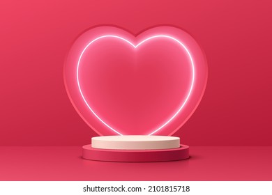 Realistic red 3D cylinder pedestal podium with illuminate lamp heart shape background. Valentine minimal scene for products showcase, Promotion display. Vector abstract studio room  platform design.