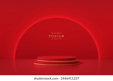 Realistic red 3D cylinder podium background with glow neon semi circle shape backdrop scene. Minimal mockup or abstract product display presentation, Stage showcase. Platforms vector geometric design.