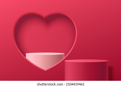 Realistic red 3D cylinder stand podium with with white podium in heart shape window. Valentine minimal scene for products showcase, Promotion display. Vector abstract studio room  platform design.