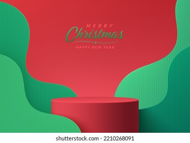 Realistic red 3D cylinder stand podium wit green wavy curve layers background in papercut style. Merry christmas abstract minimal scene mockup products display, stage showcase. Vector geometric forms.