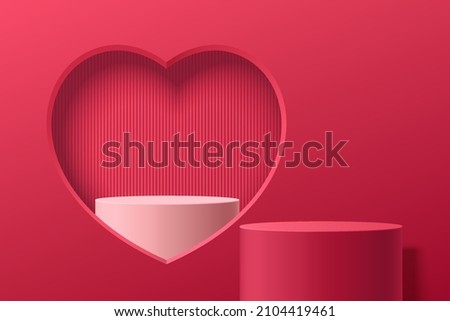 Realistic red 3D cylinder stand podium with with white podium in heart shape window. Valentine minimal scene for products showcase, Promotion display. Vector abstract studio room  platform design.