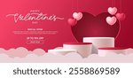 Realistic red 3D cylindrical podium with heart shaped background for valentine
