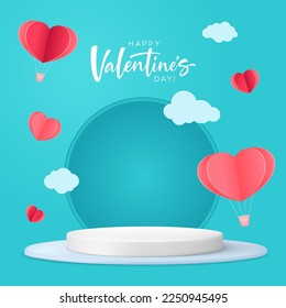 Realistic red 3D cylindrical podium with heart shaped background for valentine's day banner. Valentine's day minimal scene for products showcase, Promotional display. Vector room platforms.