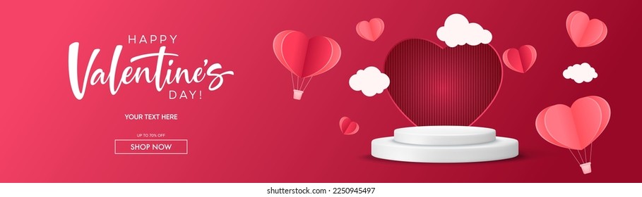 Realistic red 3D cylindrical podium with heart shaped background for valentine's day banner. Valentine's day minimal scene for products showcase, Promotional display. Vector room platforms.