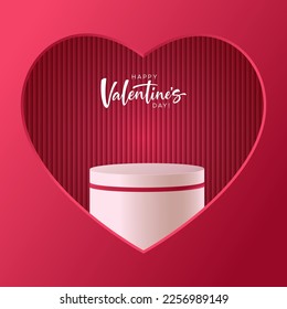 Realistic red 3D cylindrical podium with heart shaped background for valentine's day banner. Valentine's day minimal scene for products showcase, Promotional display. Vector room platforms.