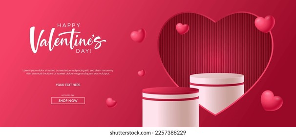 Realistic red 3D cylindrical podium with heart shaped background for valentine's day banner. Valentine's day minimal scene for products showcase, Promotional display. Vector room platforms.