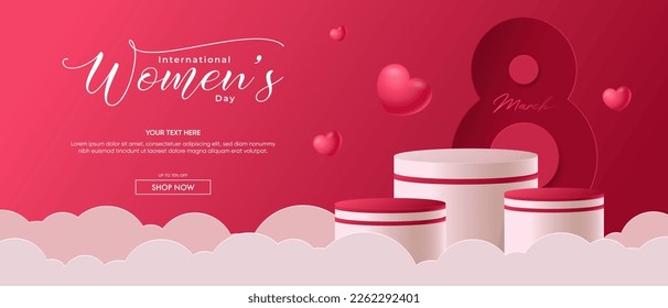 Realistic red 3D cylindrical podium with 8 march shaped background for women's day banner. Women's day minimal scene for products showcase, Promotional display. Vector room platforms.