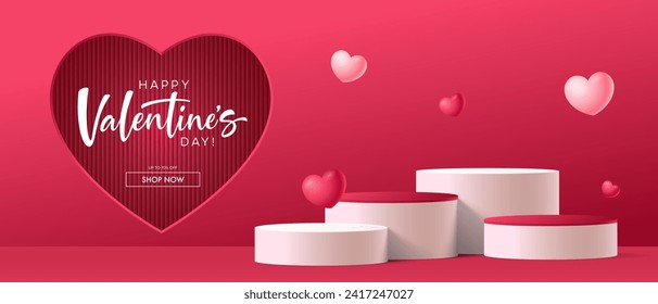 Realistic red 3D cylindrical podium with heart shaped background for valentine's day banner. Valentine's day minimal scene for products showcase, Promotional display. Vector room platforms.