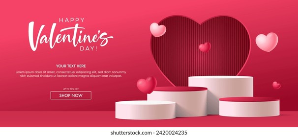 Realistic red 3D cylindrical podium with heart shaped background for valentine's day banner. Valentine's day minimal scene for products showcase, Promotional display. Vector room platforms.