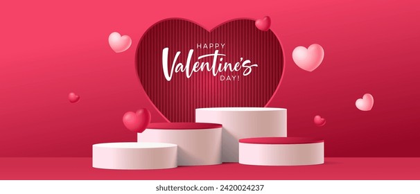 Realistic red 3D cylindrical podium with heart shaped background for valentine's day banner. Valentine's day minimal scene for products showcase, Promotional display. Vector room platforms.