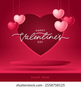 Realistic red 3D cylindrical podium with heart shaped background for valentine's day banner. Valentine's day minimal scene for products showcase, Promotional display. Vector room platforms.