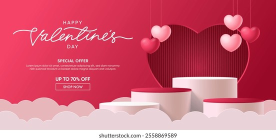 Realistic red 3D cylindrical podium with heart shaped background for valentine's day banner. Valentine's day minimal scene for products showcase, Promotional display. Vector room platforms.