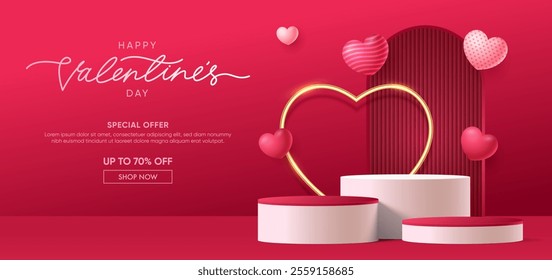 Realistic red 3D cylindrical podium with heart shaped background for valentine's day banner. Valentine's day minimal scene for products showcase, Promotional display. Vector room platforms.