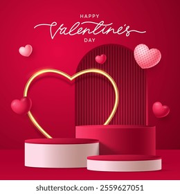 Realistic red 3D cylindrical podium with heart shaped background for valentine's day banner. Valentine's day minimal scene for products showcase, Promotional display. Vector room platforms.