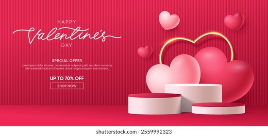 Realistic red 3D cylindrical podium with heart shaped background for valentine's day banner. Valentine's day minimal scene for products showcase, Promotional display. Vector room platforms.