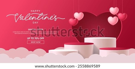 Realistic red 3D cylindrical podium with heart shaped background for valentine's day banner. Valentine's day minimal scene for products showcase, Promotional display. Vector room platforms.