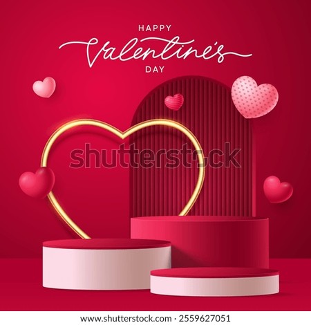 Realistic red 3D cylindrical podium with heart shaped background for valentine's day banner. Valentine's day minimal scene for products showcase, Promotional display. Vector room platforms.