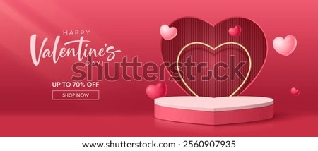 Realistic red 3D cylindrical podium with heart shaped background for valentine's day banner. Valentine's day minimal scene for products showcase, Promotional display. Vector room platforms.