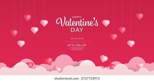 Realistic red 3D hanging heart with cloud background for valentine's day banner. Valentine's day minimal scene for sale, promotional post. Vector illustration design.