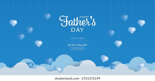 Realistic red 3D hanging heart with cloud background for father's day banner. Father's day minimal scene for sale, promotional post. Vector illustration design.