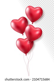 Realistic red 3d heart balloons isolated on transparent background. Air balloons for Birthday parties, celebrate anniversary, weddings festive season decorations. Helium vector balloon illustration.