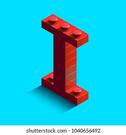 Realistic red 3d isometric letter I of the alphabet from constructor lego bricks. Red 3d isometric plastic letter from the lego building blocks. Lego letters. 3d letters