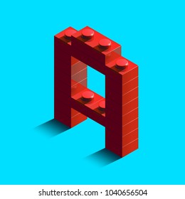 Realistic red 3d isometric letter A of the alphabet from constructor lego bricks. Red 3d isometric plastic letter from the lego building blocks. Lego letters. 3d letters