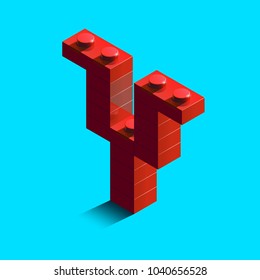 Realistic red 3d isometric letter Y of the alphabet from constructor lego bricks. Red 3d isometric plastic letter from the lego building blocks. Lego letters. 3d letters