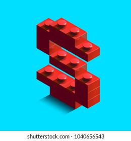 Realistic red 3d isometric letter S of the alphabet from constructor lego bricks. Red 3d isometric plastic letter from the lego building blocks. Lego letters. 3d letters