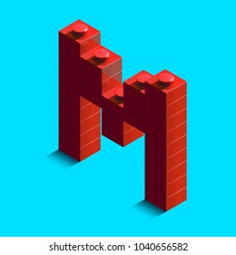 Realistic red 3d isometric letter M of the alphabet from constructor lego bricks. Red 3d isometric plastic letter from the lego building blocks. Lego letters. 3d letters