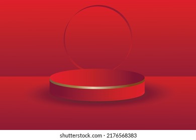 Realistic red  3D pedestal podium set in abstract room. Minimal scene for products stage showcase, promotion display. Vector geometric platform design. Vector illustration