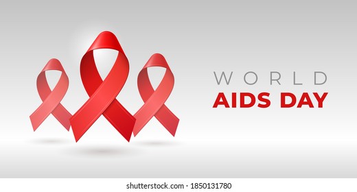 Realistic red 3D ribbons with shadow and copy space for WORLD AIDS DAY in december. HIV awareness symbol. Vector template for medical web site, social media, banner, poster, invitation, flyer.