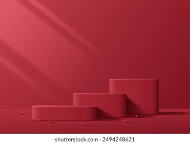 Realistic red 3D round podium set background with window light on wall scene. Minimalist 3D mockup pedestal, Abstract product display presentation, Stage showcase. Platforms vector geometric design.