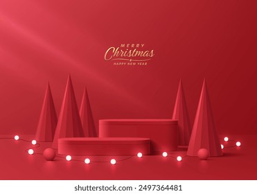 Fondo realista de la Navidad del podio redondo rojo 3D con la bola de neón y la escena de la pared del árbol de navidad. Maqueta mínima de presentación abstracta del producto de la exhibición, escaparate del escenario. Diseño geométrico de Vector de plataformas