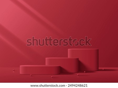 Realistic red 3D round podium set background with window light on wall scene. Minimalist 3D mockup pedestal, Abstract product display presentation, Stage showcase. Platforms vector geometric design.