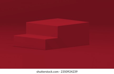 Realistic red 3d staircase podium geometric form pedestal for fashion product show isometric vector illustration. Stairs shape showcase with steps trendy rendering display at studio background